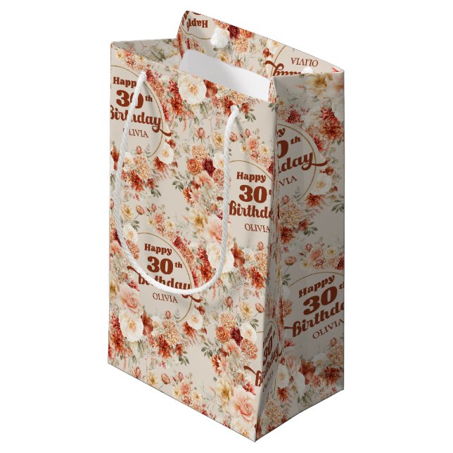 Trendy copper blush burgundy floral 30th birthday small gift bag (Front Angled)