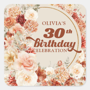 Trendy copper blush burgundy floral 30th birthday square sticker