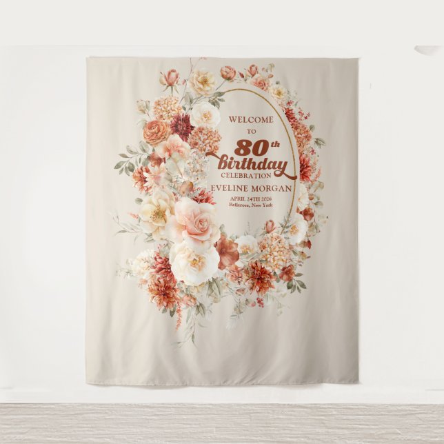 Trendy copper hydrangea and roses 80th birthday tapestry (Front)