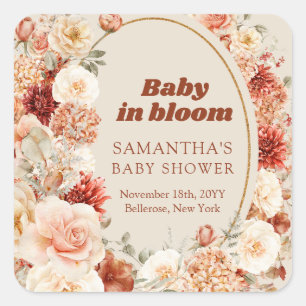Trendy copper hydrangea and roses autumn Baby Show Square Sticker