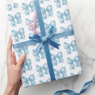 Trendy Coquette Baby Blue Bow Pattern Wrapping Paper