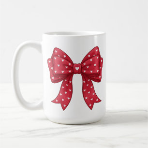 Trendy Coquette Red Ribbon Bow with White Hearts Coffee Mug