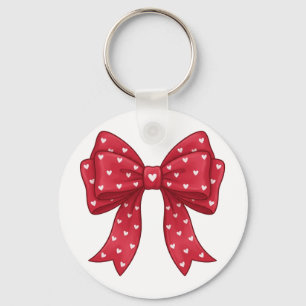 Trendy Coquette Red Ribbon Bow with White Hearts Key Ring