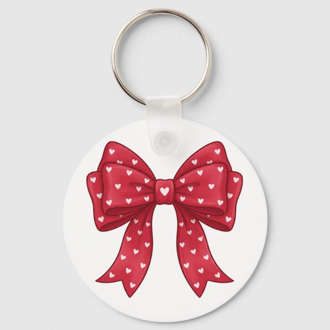 Trendy Coquette Red Ribbon Bow with White Hearts Key Ring (Front)