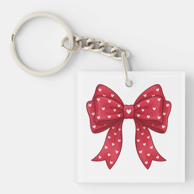 Trendy Coquette Red Ribbon Bow with White Hearts Key Ring (Front)