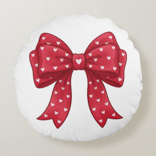 Trendy Coquette Red Ribbon Bow with White Hearts Round Cushion