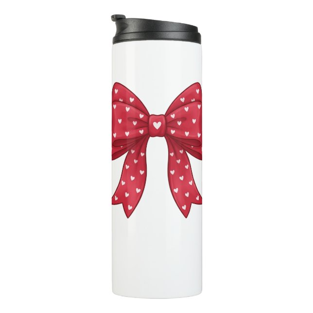 Trendy Coquette Red Ribbon Bow with White Hearts Thermal Tumbler (Rotated Right)