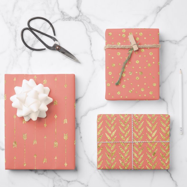 Trendy Coral and Gold Patterns Wrapping Paper Sheet (Front)