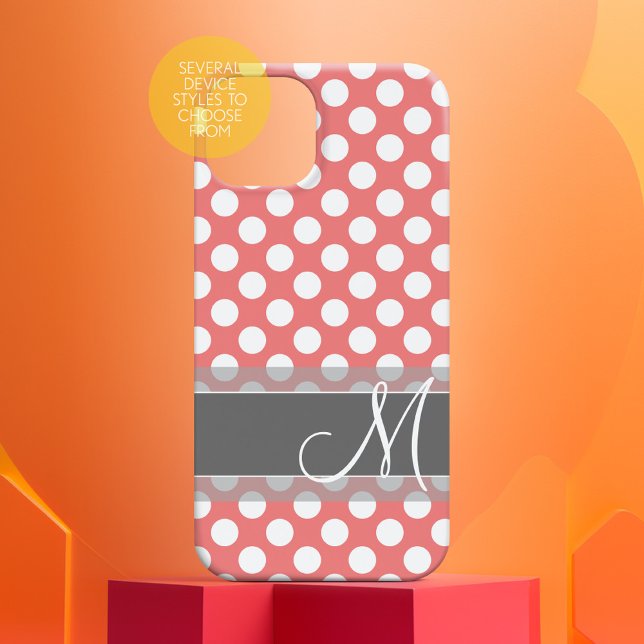 Trendy Coral and Grey Polka Dot Pattern Monogram (Personalized Phone Case - Many Device Styles to Choose From)
