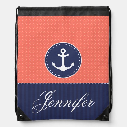 Trendy Coral and Navy Blue Anchor Personalised Drawstring Bag