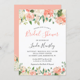 Trendy Coral and Peach Floral Bridal Shower Invitation