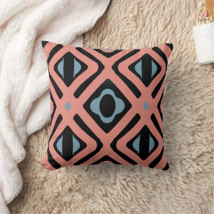Trendy Coral Blue and Black Tribal Pattern Cushion