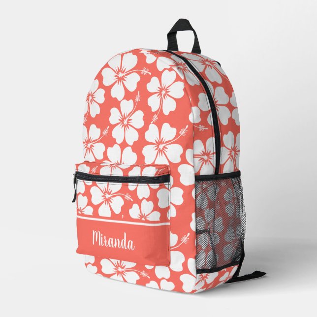 Trendy Coral Hibiscus Pattern Printed Backpack (Back Corner Right)