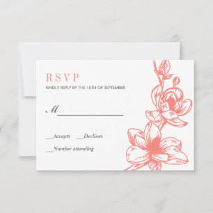 Trendy Coral Magnolia Flowers Bloom Wedding RSVP Card