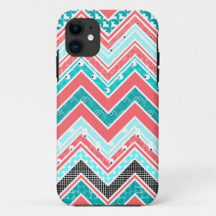 Trendy Coral, Mint, White and black Chevron iPhone 11 Case
