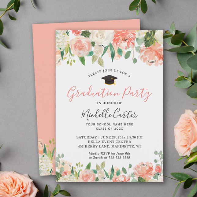 Trendy Coral Peach Floral Girl Graduation Party Invitation (Creator Uploaded)