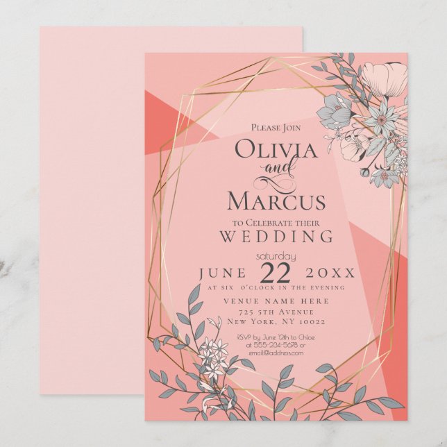 Trendy Coral Wedding Floral Geometric Gold Frame Invitation (Front/Back)