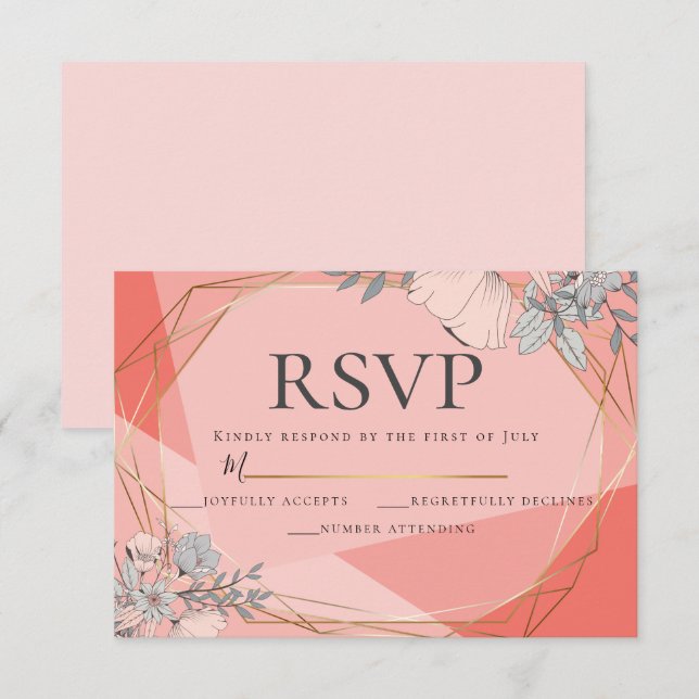 Trendy Coral Wedding RSVP Floral Gold Frame Invitation (Front/Back)
