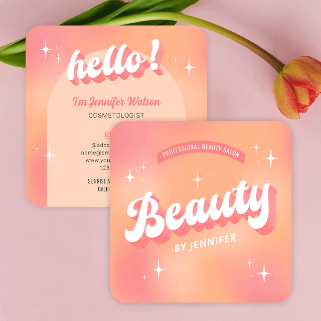 Trendy Cosmetologist Lashes Retro Girly Beauty Square Business Card (Trendy retro beauty salon business cards featuring groovy fonts and girly peach color scheme)