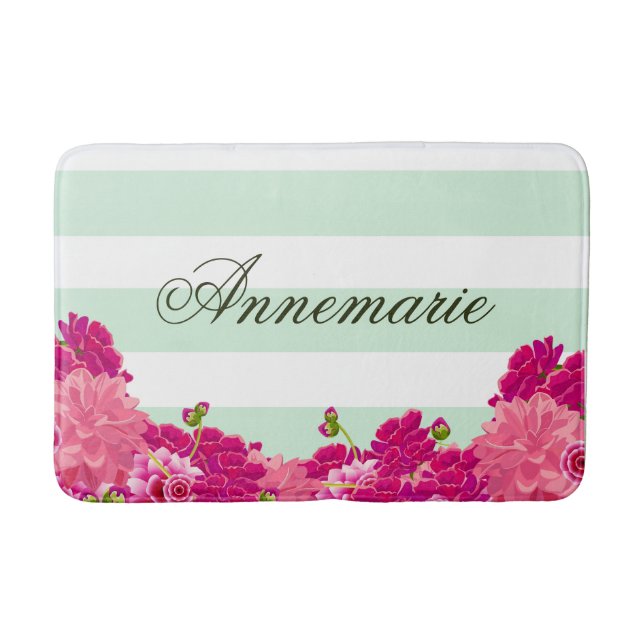 Trendy Country Chic Pink Floral Bouquet Stripes Bath Mat (Front)
