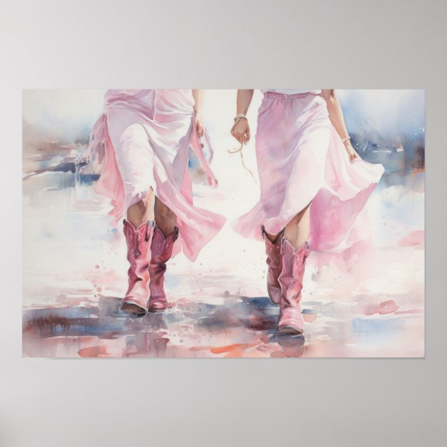 Trendy Cowgirls Boots Watercolor Walking on Beach  Poster (Front)