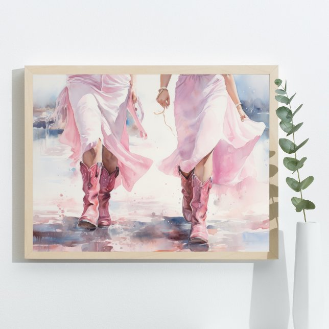 Trendy Cowgirls Boots Watercolor Walking on Beach  Poster (Preppy Cowgirl Boots walking on Beach Coastal Pink Blue Watercolor Poster Wall Art Print)