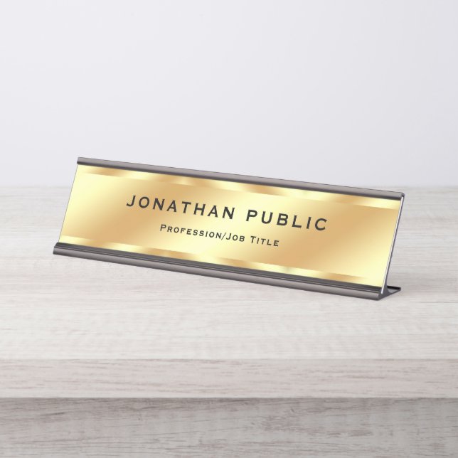 Trendy Custom Elegant Template Glamourous Gold Desk Name Plate (Front)
