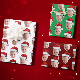 Trendy Custom Face Photo Santa Hat Christmas Wrapping Paper Sheet