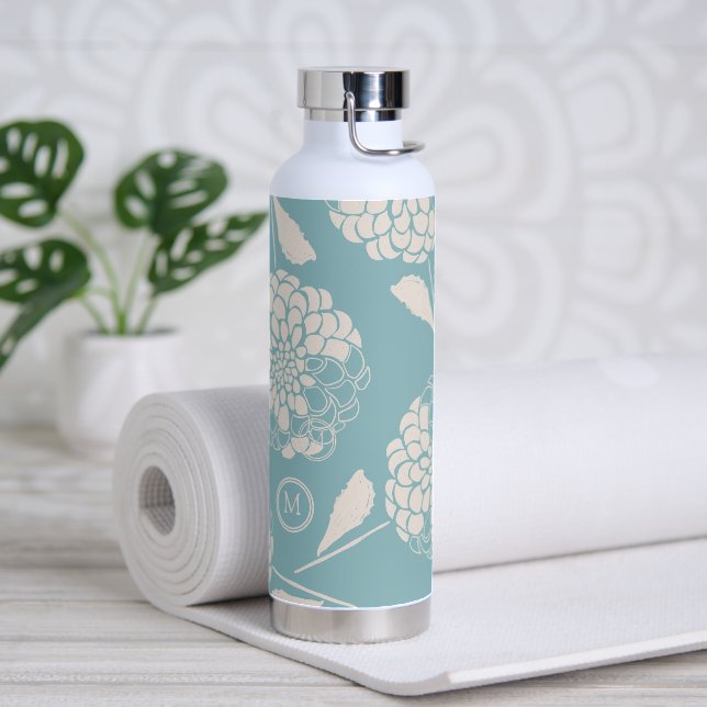 Trendy custom initial dusty blue floral insulated water bottle (Yoga)