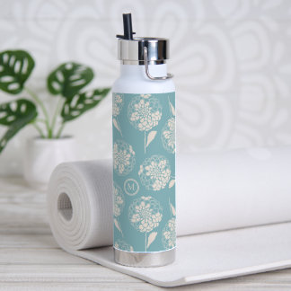 Trendy custom initial dusty blue floral insulated water bottle