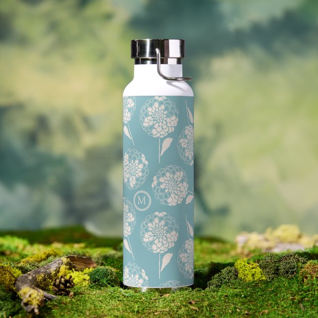 Trendy custom initial dusty blue floral insulated water bottle (Outdoor)