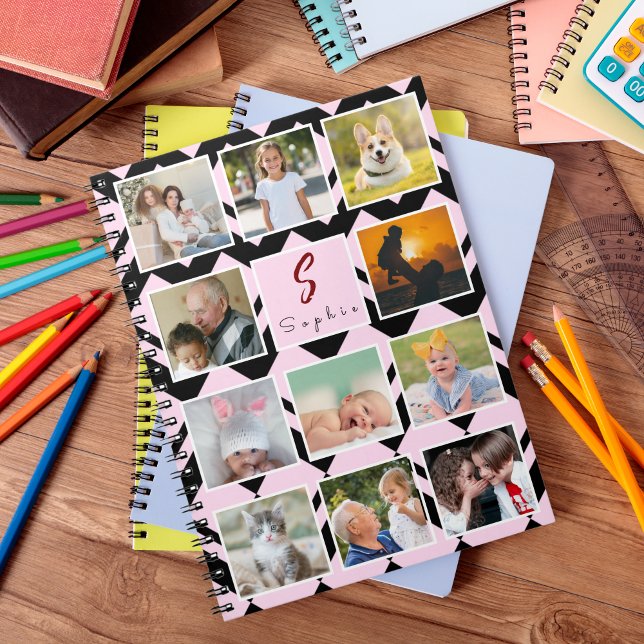 Trendy Custom Name Monogram 11 Photos Collage Notebook (Creator Uploaded)