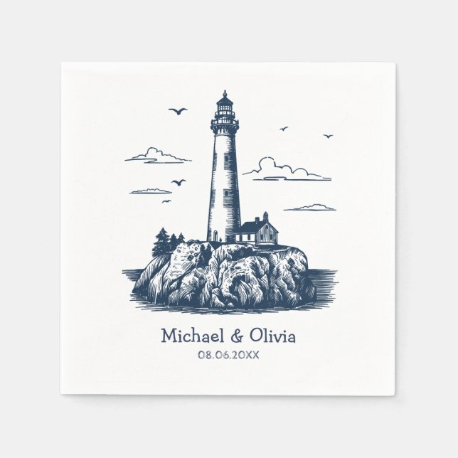 Trendy Custom Nautical Seaside Lighthouse Wedding  Napkin (Front)