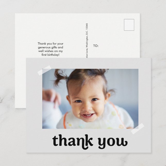 Trendy Custom Photo first birthday Thank you Postcard (Front/Back)