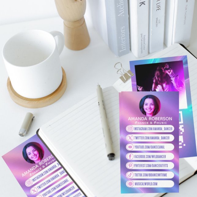 Trendy custom social media icons link business card (Social media icons and links, profile picture, photo and QR code.)