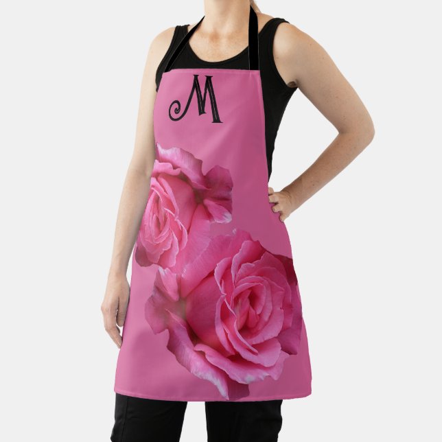Trendy customizable M name pink rose flower floral Apron (Insitu)