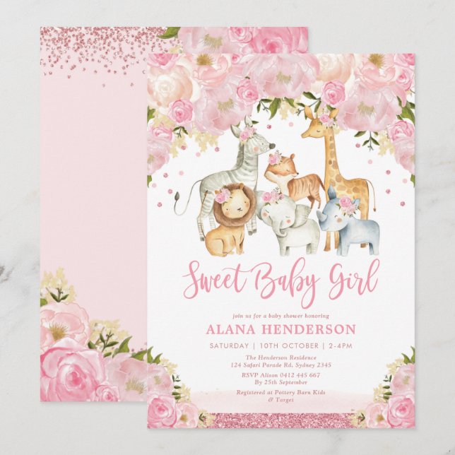 Trendy Cute Baby Girl Safari Jungle Animals Shower Invitation (Front/Back)