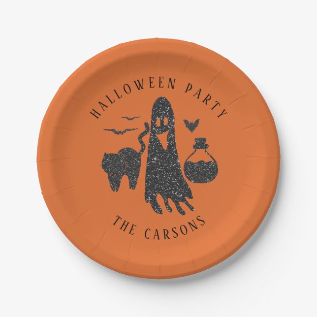 Trendy Cute Cat Ghost Poison Bottle Bats Halloween Paper Plate (Front)