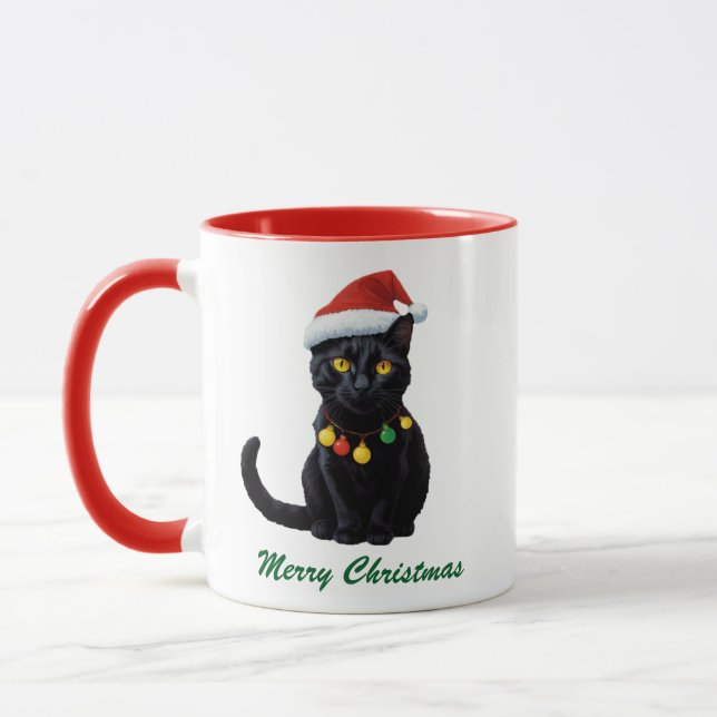 Trendy Cute Christmas Black Cat in Santa Hat       Mug (Left)