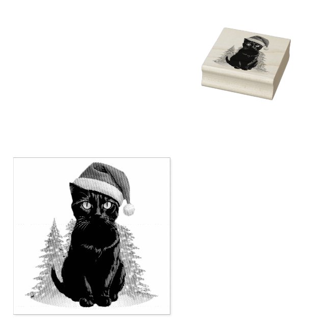 Trendy Cute Christmas Black Cat in Santa Hat Rubber Stamp (Stamped)