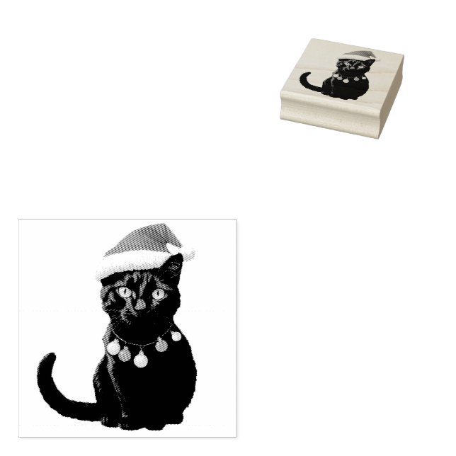 Trendy Cute Christmas Black Cat in Santa Hat Rubber Stamp (Stamped)