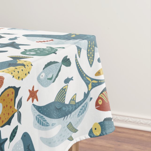 Trendy Cute Colourful Sharks Under the Sea Theme Tablecloth (In Situ)