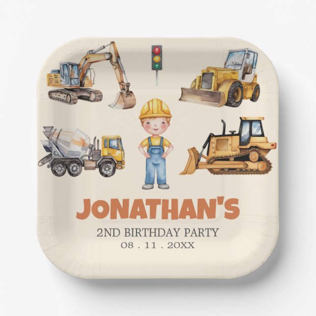 Trendy Cute construction vehicles Birthday Party   Paper Plate (Front)