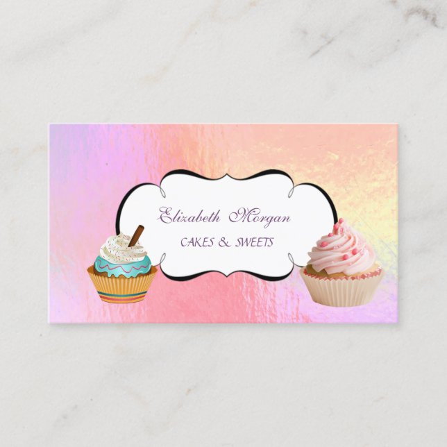 Trendy Cute Cupcake Bakery Colourful Holographic  Business Card (Front)