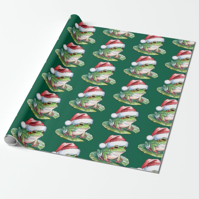 Trendy Cute Frog Santa Hat Christmas  Wrapping Paper (Unrolled)