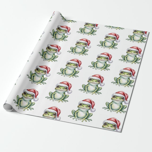 Trendy Cute Frog Santa Hat Christmas  Wrapping Paper (Unrolled)