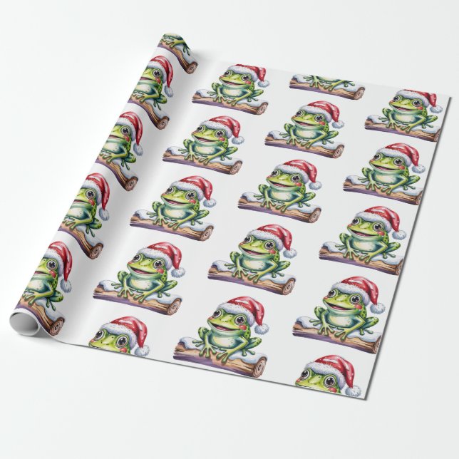 Trendy Cute Frog Santa Hat Christmas  Wrapping Paper (Unrolled)