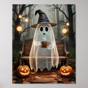 Trendy Cute Ghost with Coffee in the Forest Poster