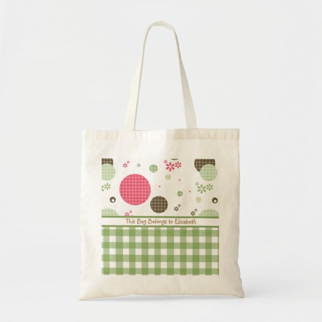 Trendy Cute Gingham Polka Dots With Name Tote Bag (Front)