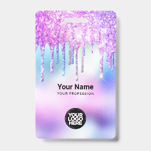 Trendy Cute Holographic Glitter Drips Employee ID Badge